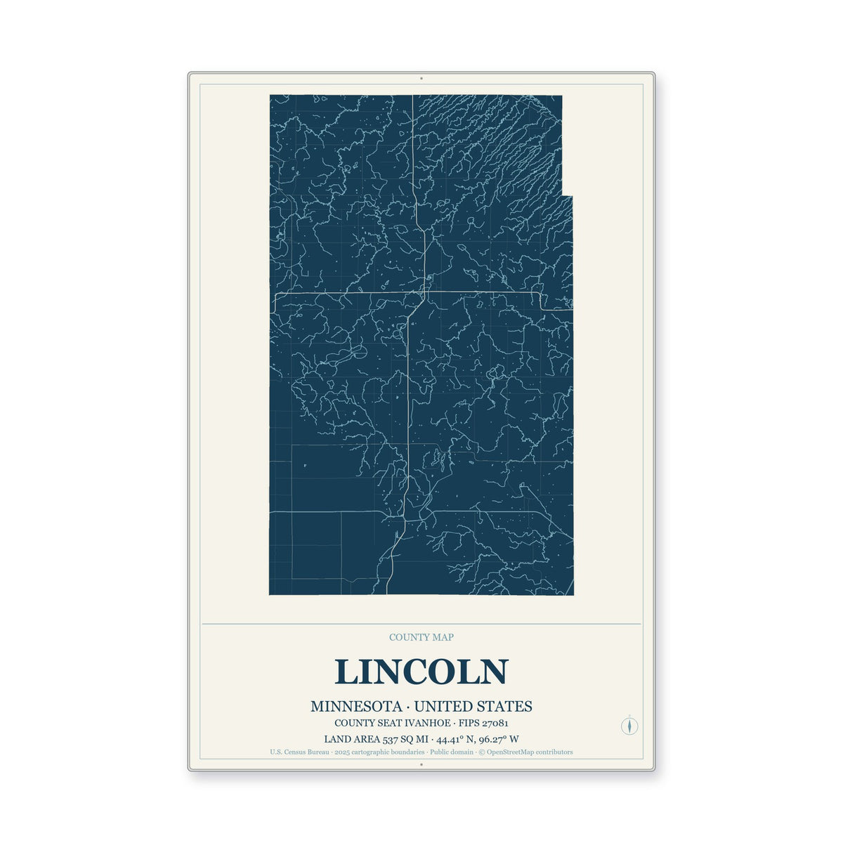 Lincoln County, Minnesota Map Aluminum Sign in Coastal Cutout style