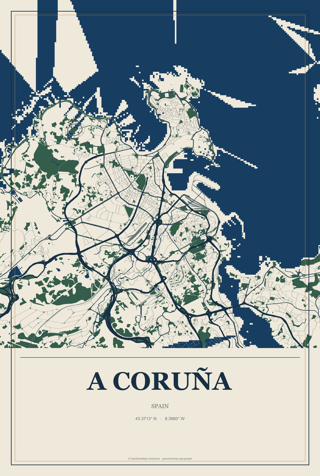 A Coruña, Spain City Map Aluminum Sign in Coastal Cutout style