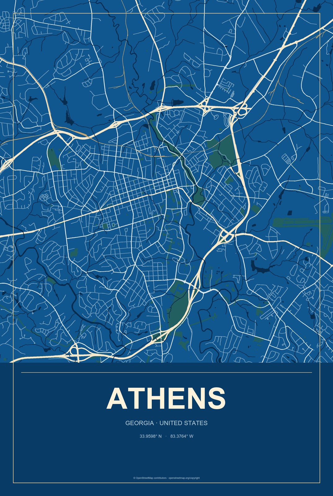 Athens, Georgia City Map Aluminum Sign in Harbor Cobalt style