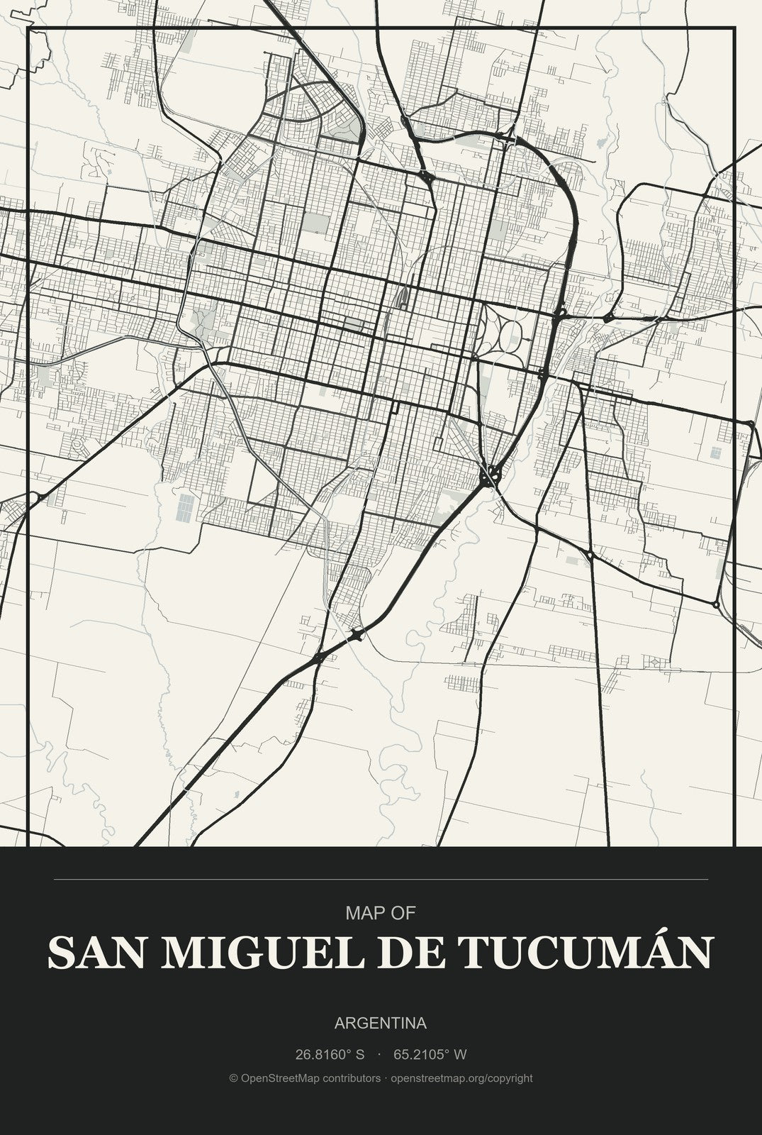 San Miguel de Tucumán, Argentina City Map Aluminum Sign in Museum Plaque style