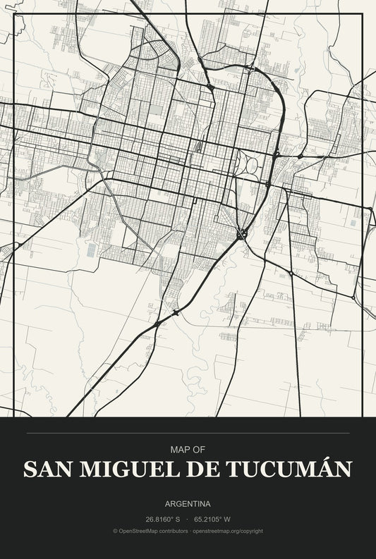 San Miguel de Tucumán, Argentina City Map Aluminum Sign in Museum Plaque style