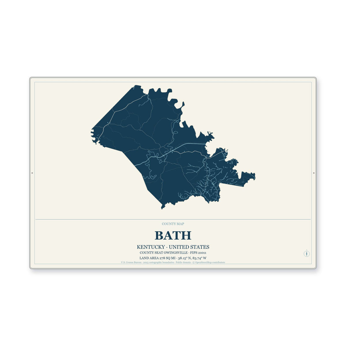 Bath County, Kentucky Map Aluminum Sign in Coastal Cutout style