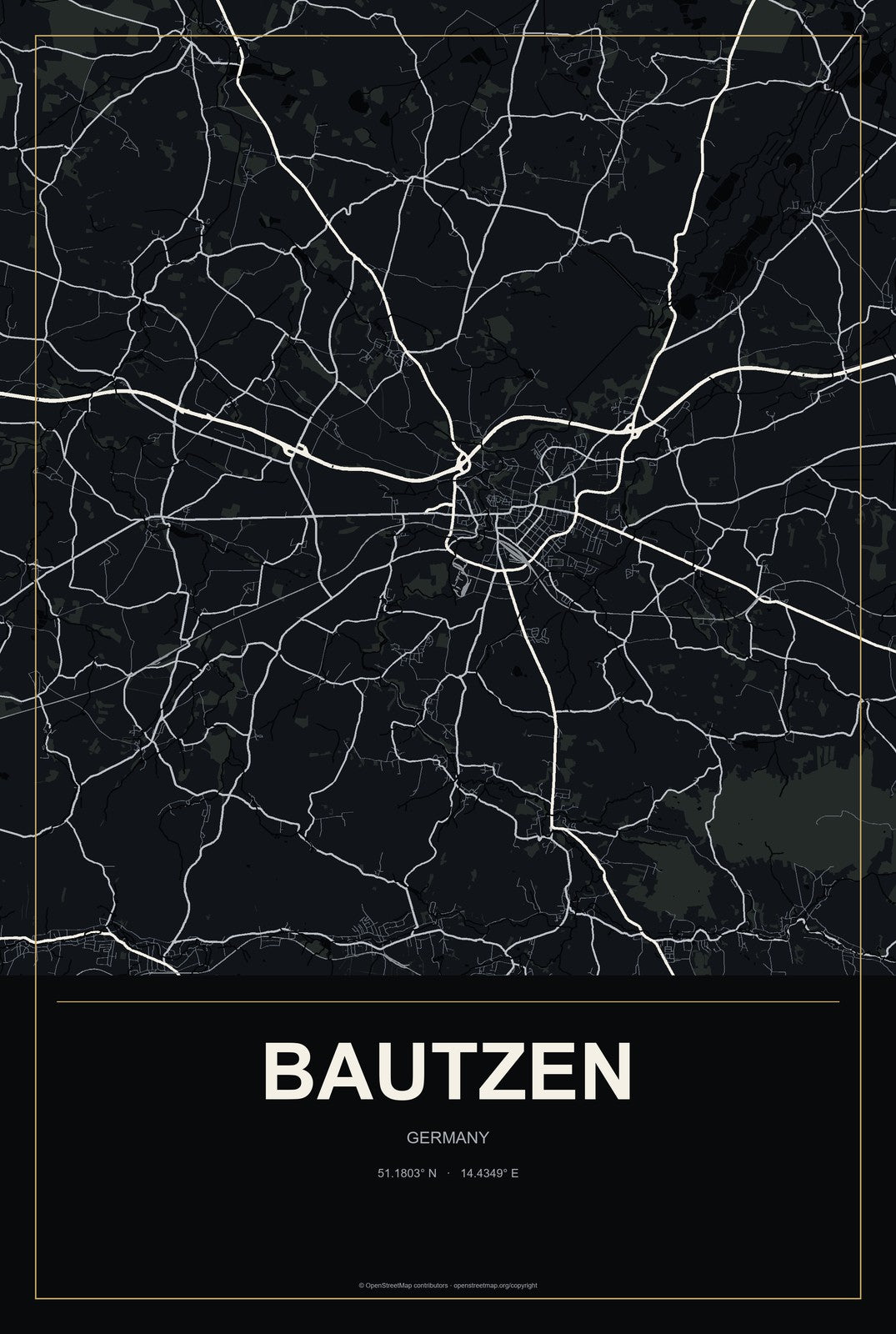 Bautzen, Germany City Map Aluminum Sign in Metropolitan Noir style