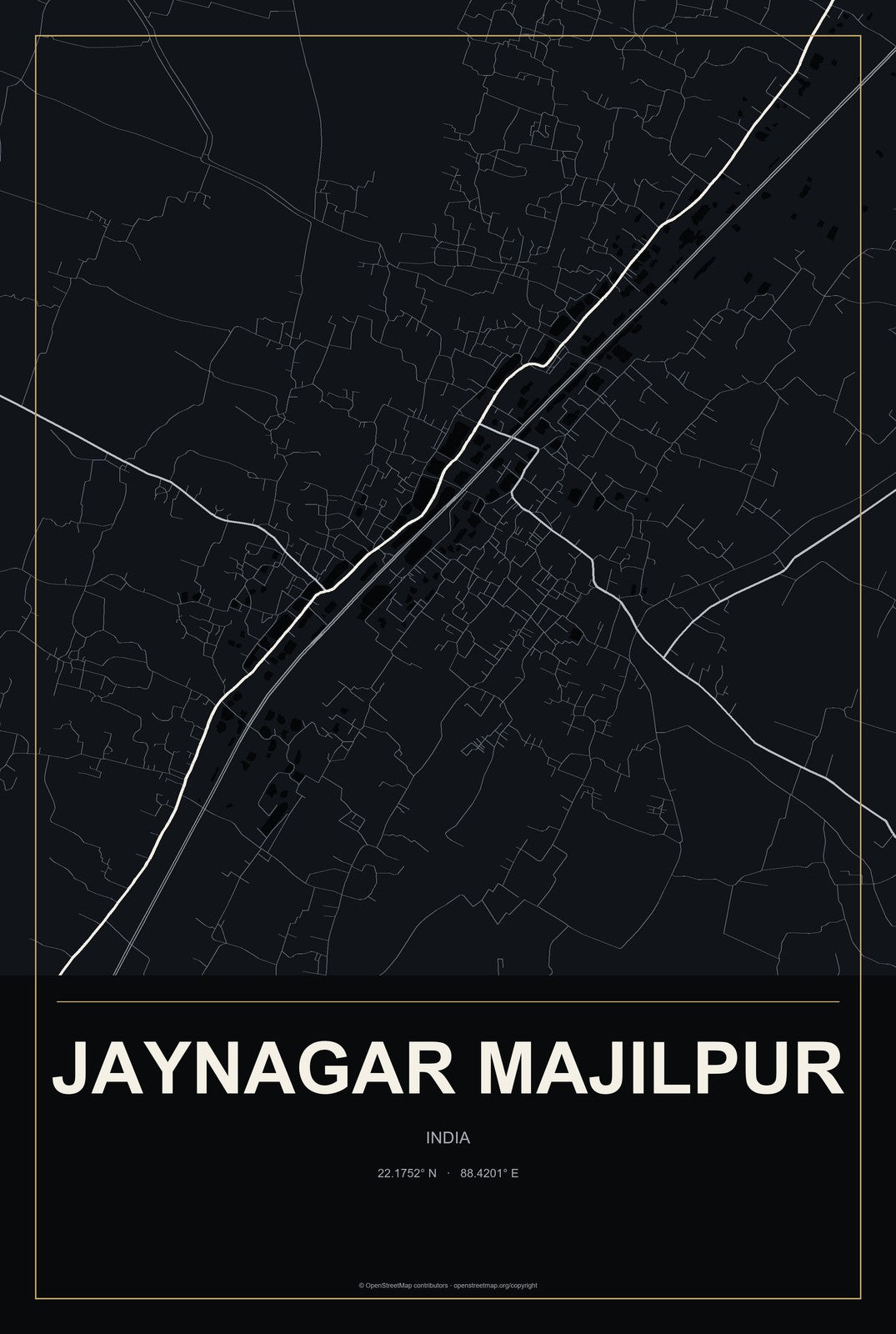 Jaynagar Majilpur, India City Map Aluminum Sign in Metropolitan Noir style