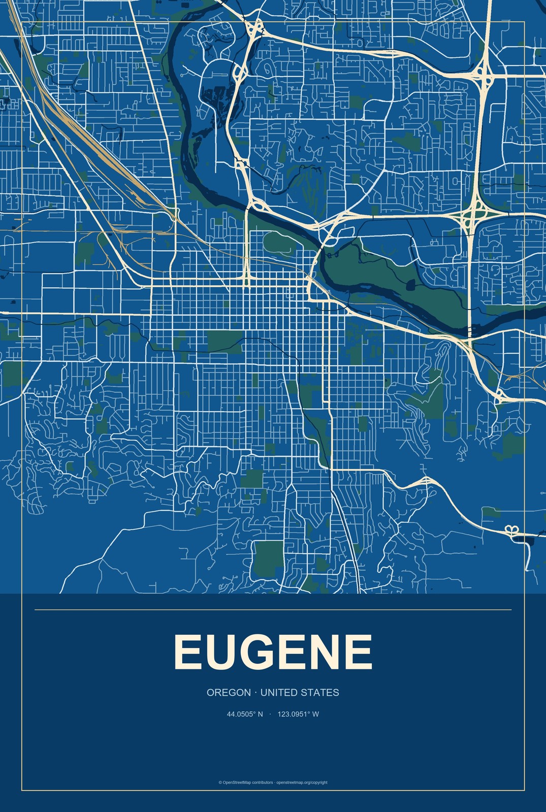 Eugene, Oregon City Map Aluminum Sign in Harbor Cobalt style