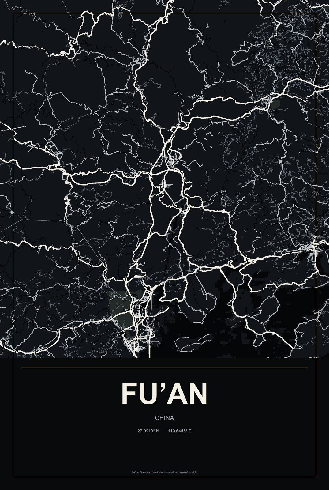 Fu’an, China City Map Aluminum Sign in Metropolitan Noir style
