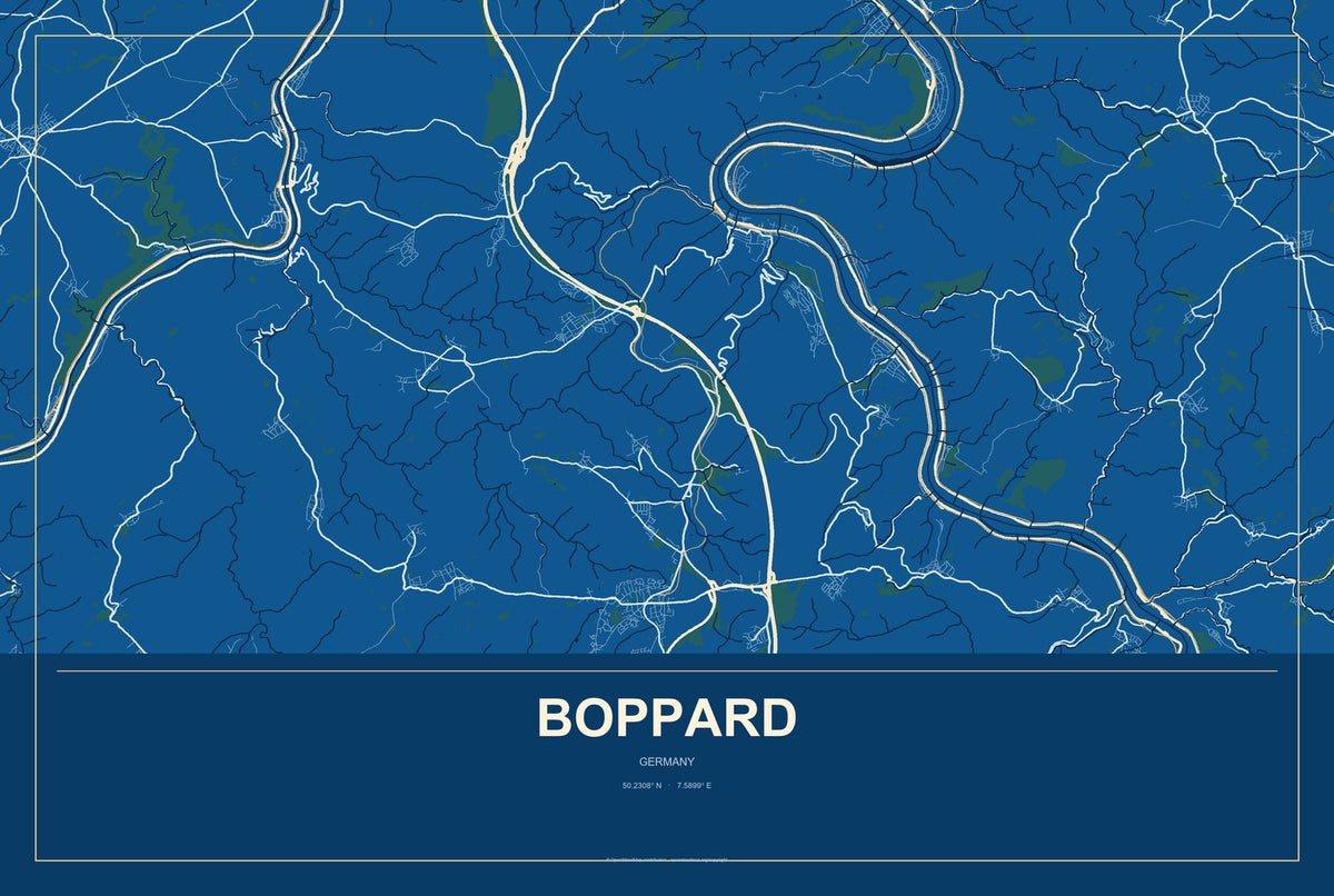 Boppard, Germany City Map Aluminum Sign in Harbor Cobalt style