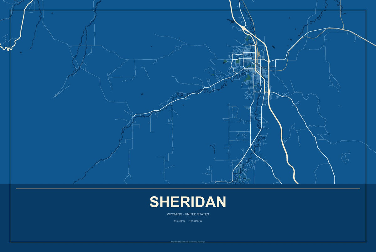 Sheridan, Wyoming City Map Aluminum Sign in Harbor Cobalt style