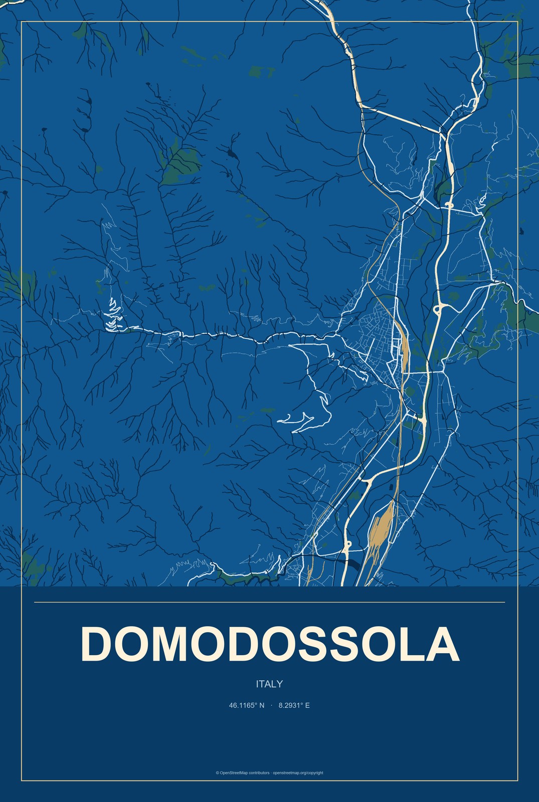 Domodossola, Italy City Map Aluminum Sign in Harbor Cobalt style