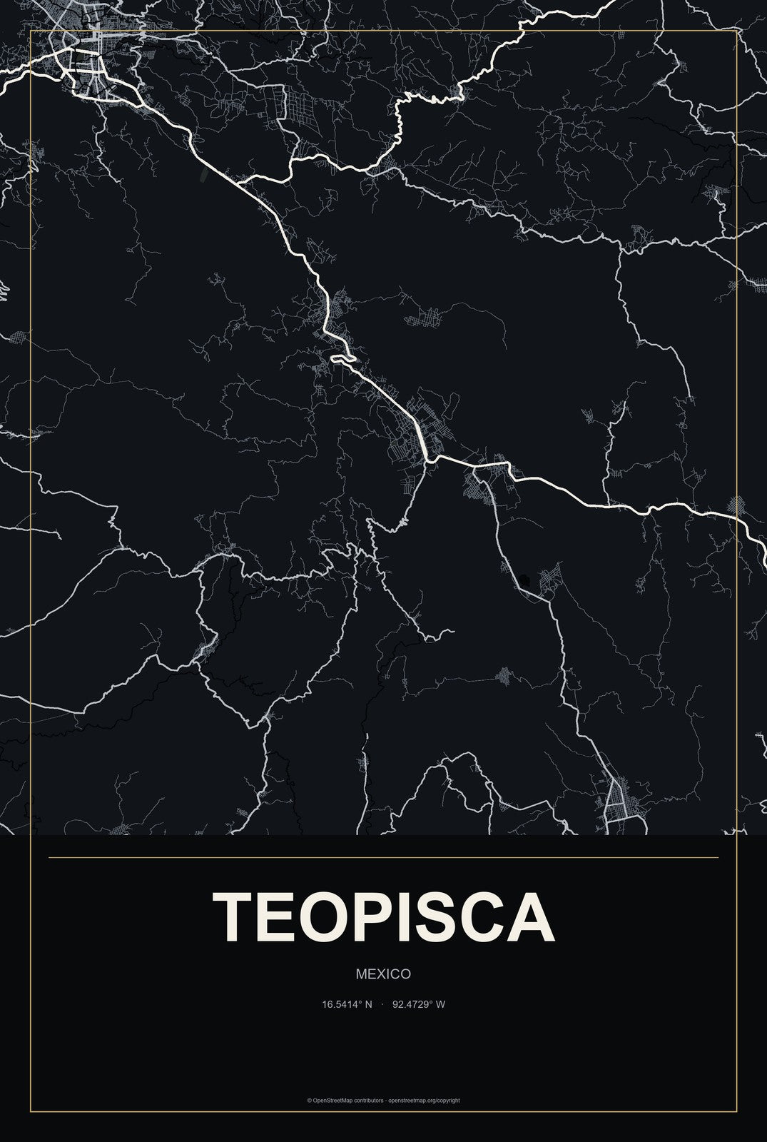 Teopisca, Mexico City Map Aluminum Sign in Metropolitan Noir style