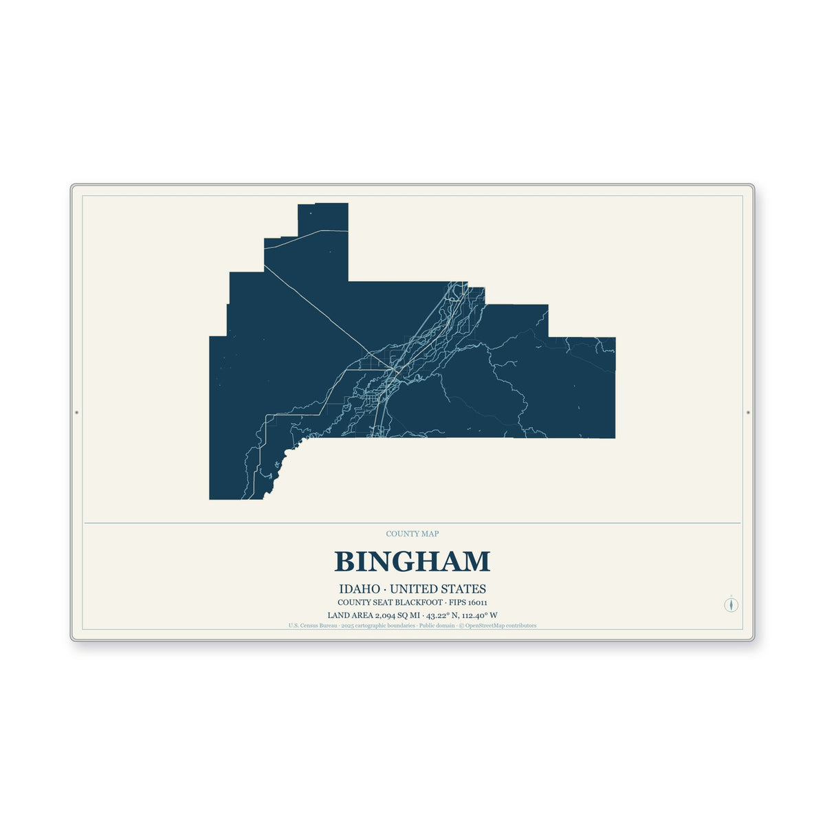 Bingham County, Idaho Map Aluminum Sign in Coastal Cutout style