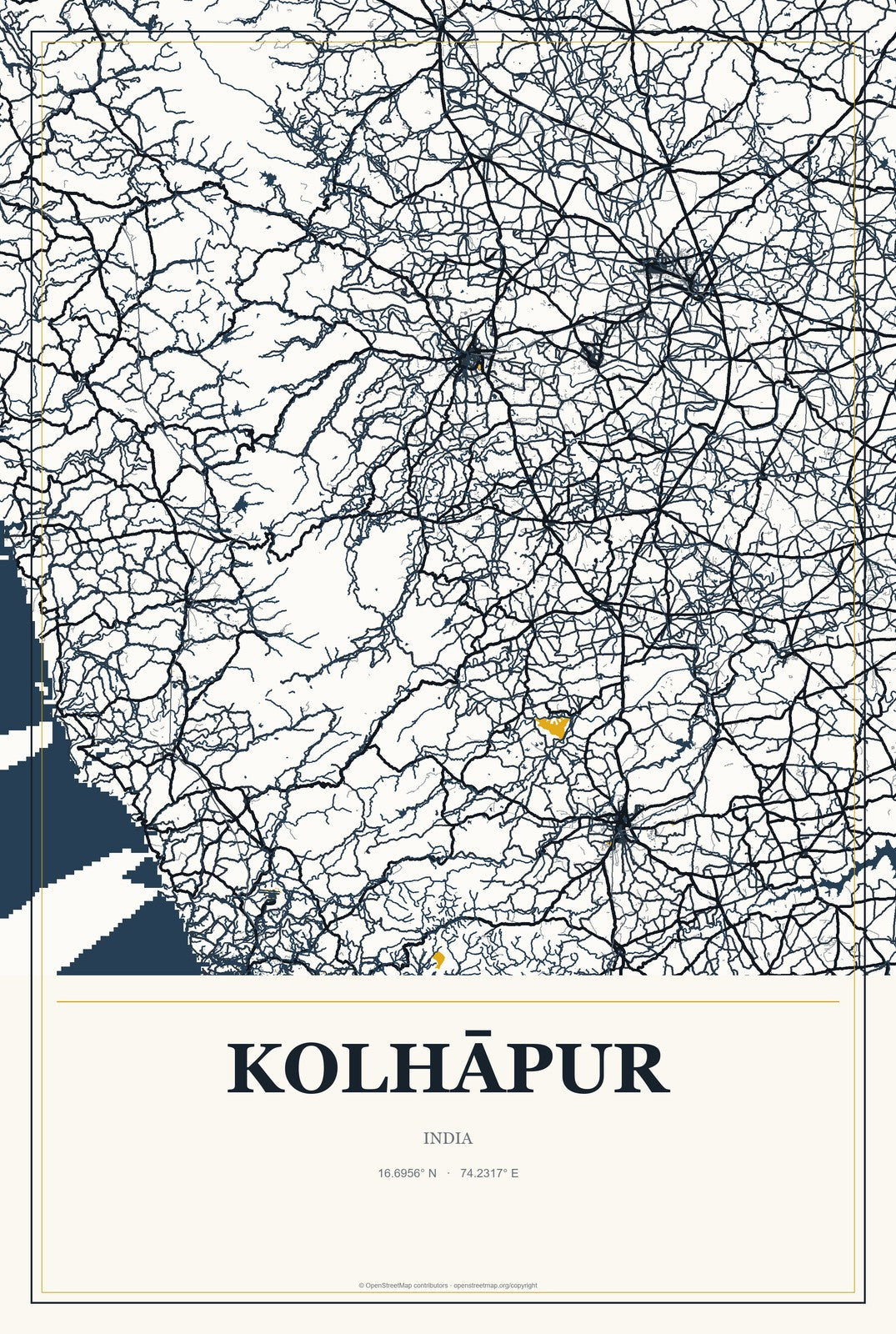 Kolhāpur, India City Map Aluminum Sign in Citrine Modern style