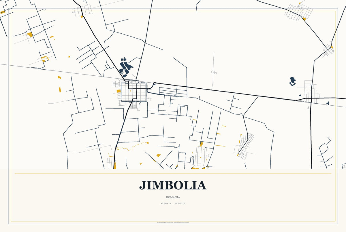 Jimbolia, Romania City Map Aluminum Sign in Citrine Modern style