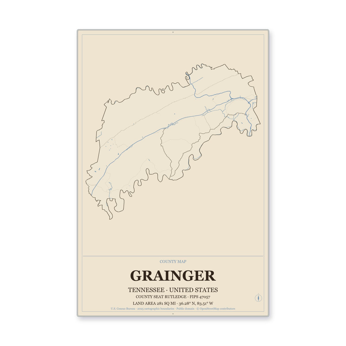 Grainger County, Tennessee Map Aluminum Sign in Heritage Nautical style
