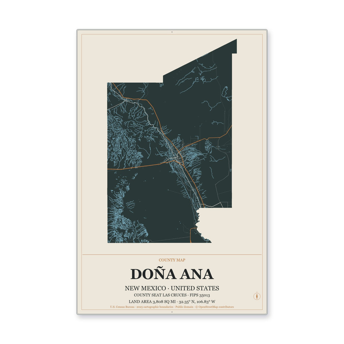 Doña Ana County, New Mexico Map Aluminum Sign in Headline Atlas style