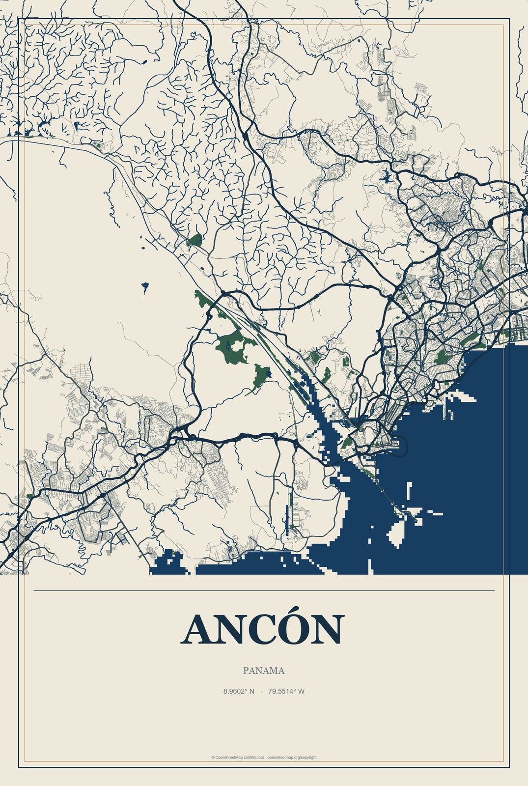 Ancón, Panama City Map Aluminum Sign in Coastal Cutout style