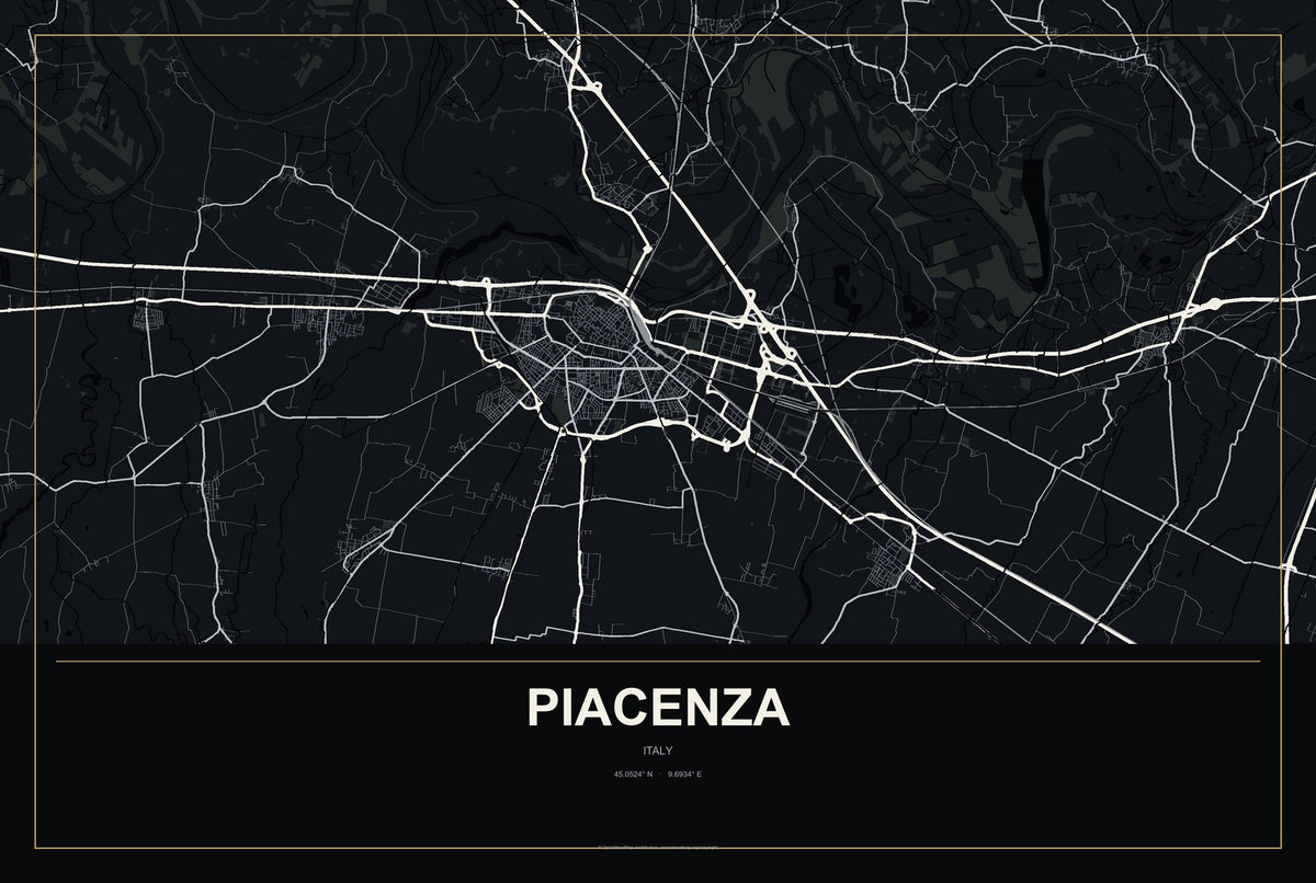 Piacenza, Italy City Map Aluminum Sign in Metropolitan Noir style