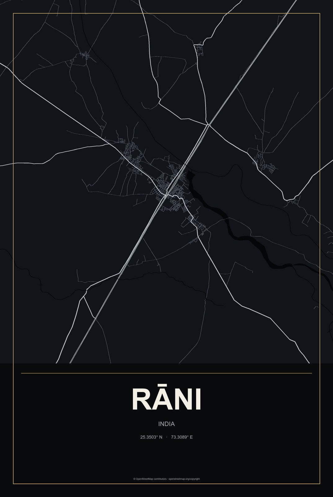 Rāni, India City Map Aluminum Sign in Metropolitan Noir style
