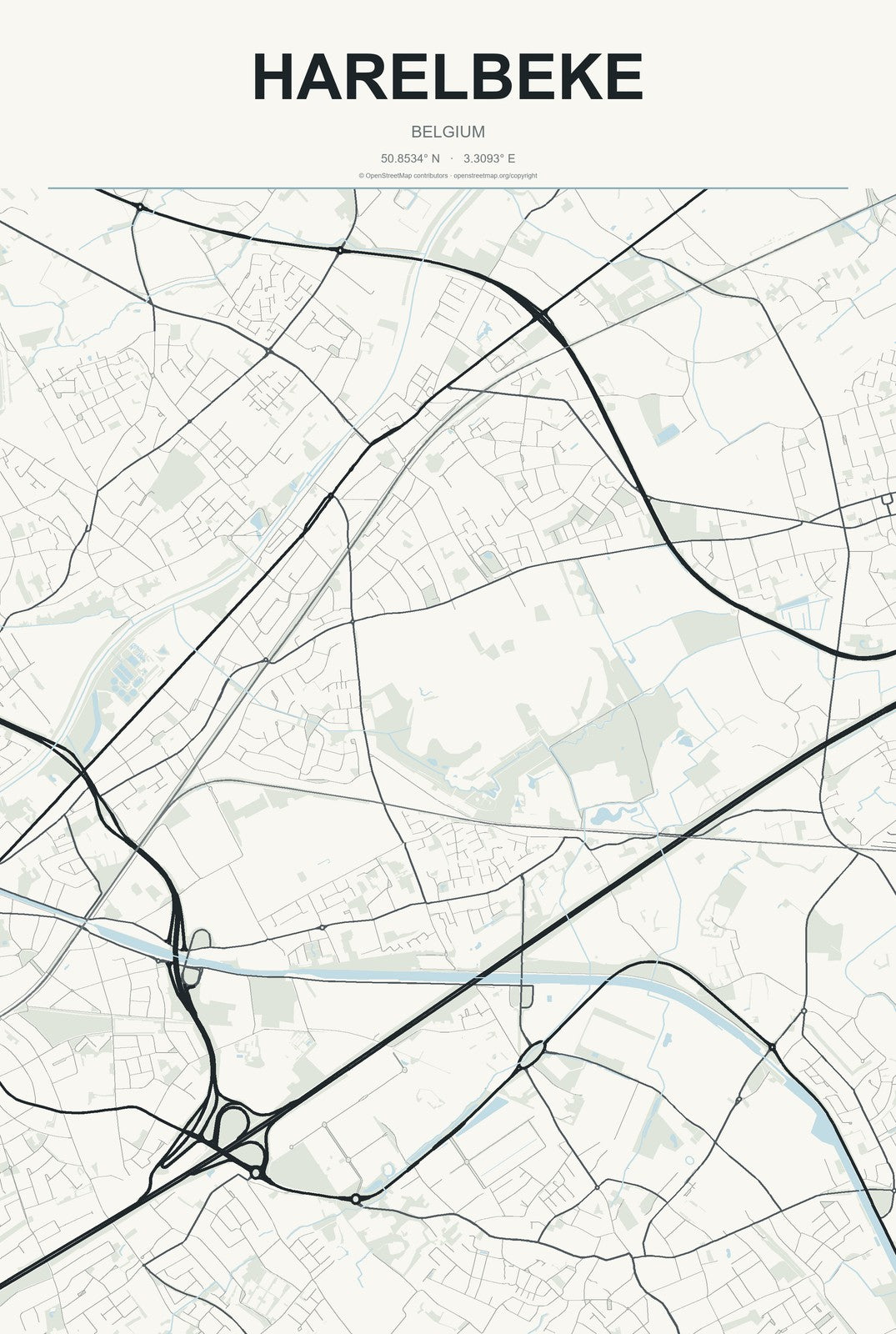 Harelbeke, Belgium City Map Aluminum Sign in Headline Atlas style