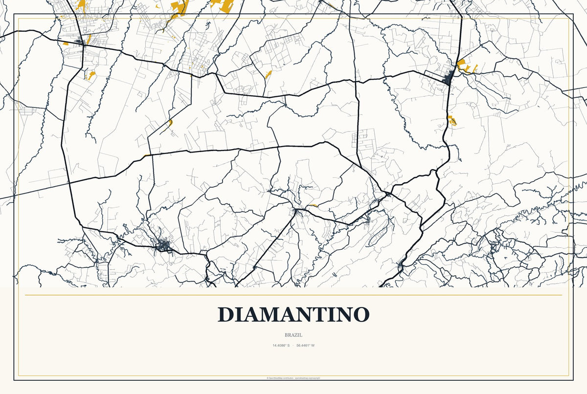 Diamantino, Brazil City Map Aluminum Sign in Citrine Modern style