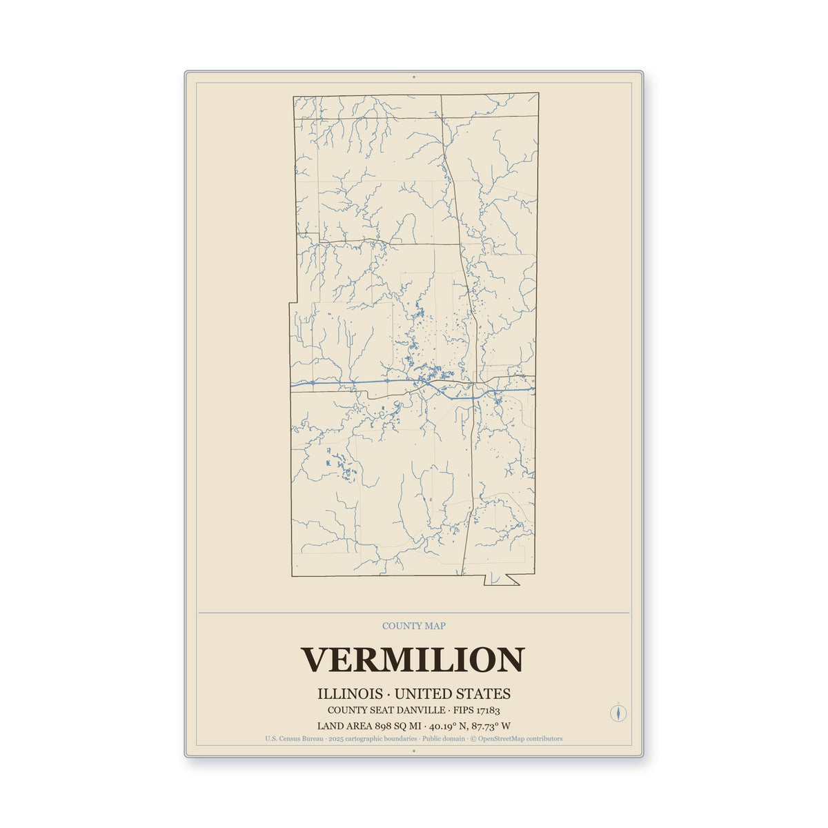 Vermilion County, Illinois Map Aluminum Sign in Heritage Nautical style