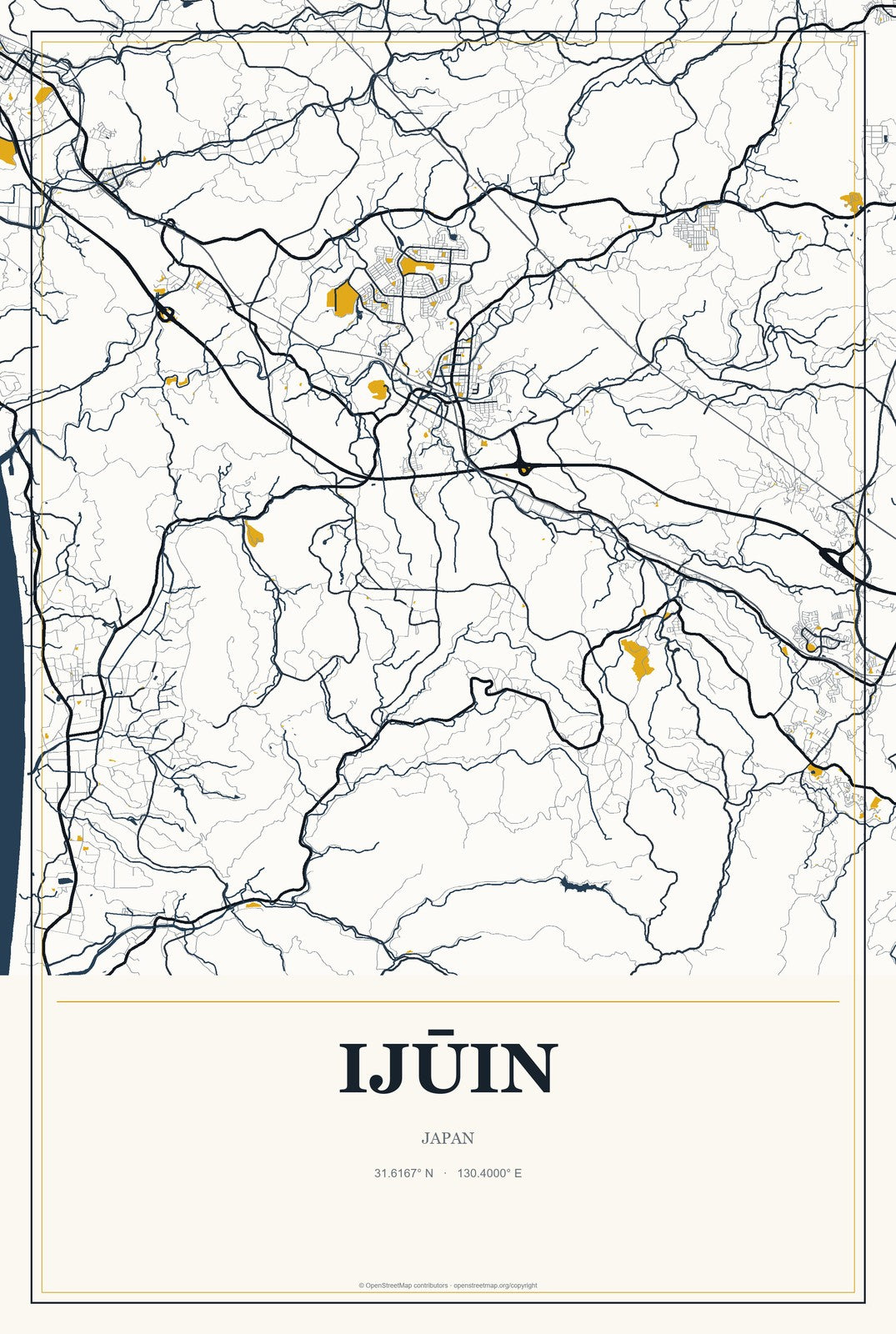 Ijūin, Japan City Map Aluminum Sign in Citrine Modern style