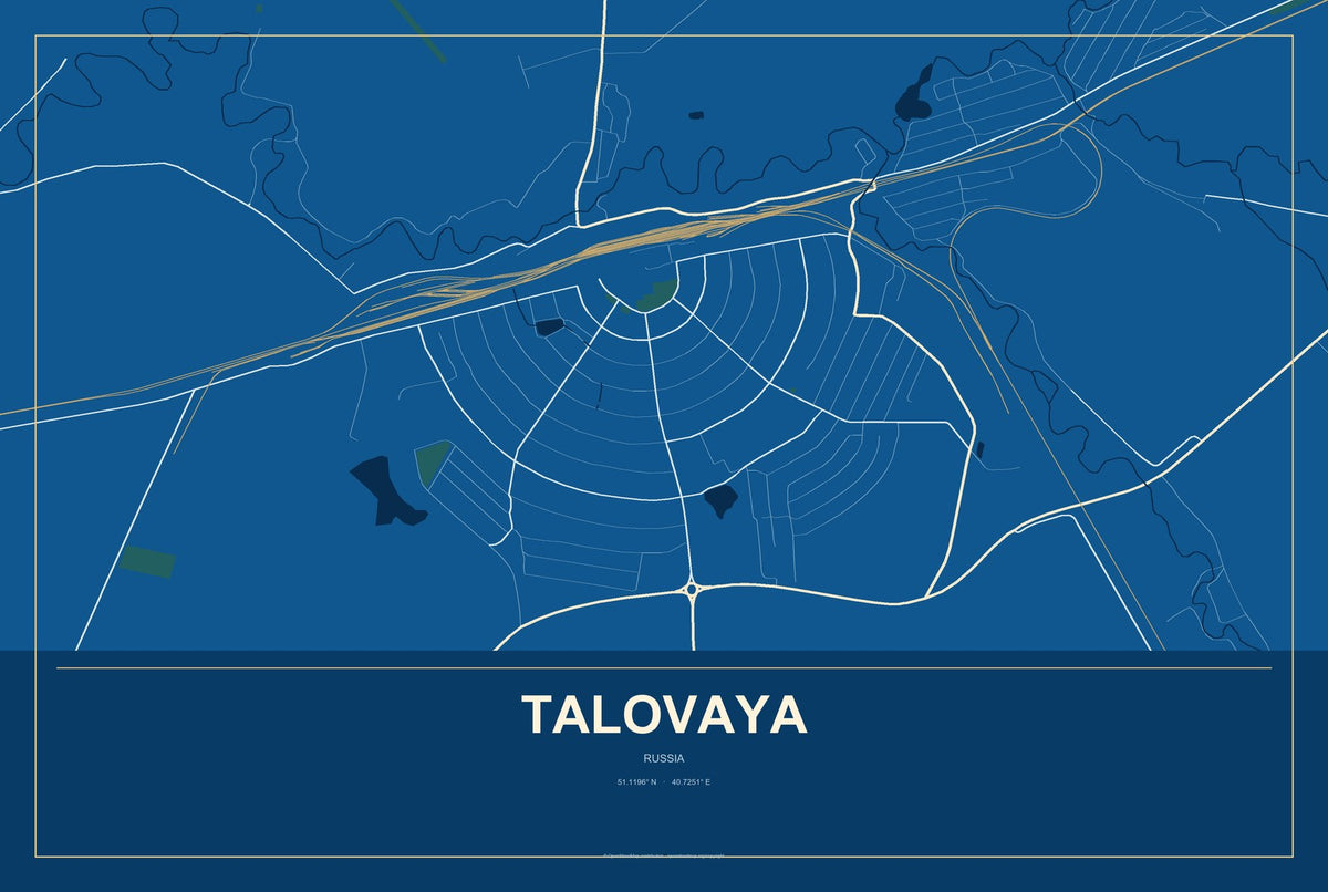 Talovaya, Russia City Map Aluminum Sign in Harbor Cobalt style