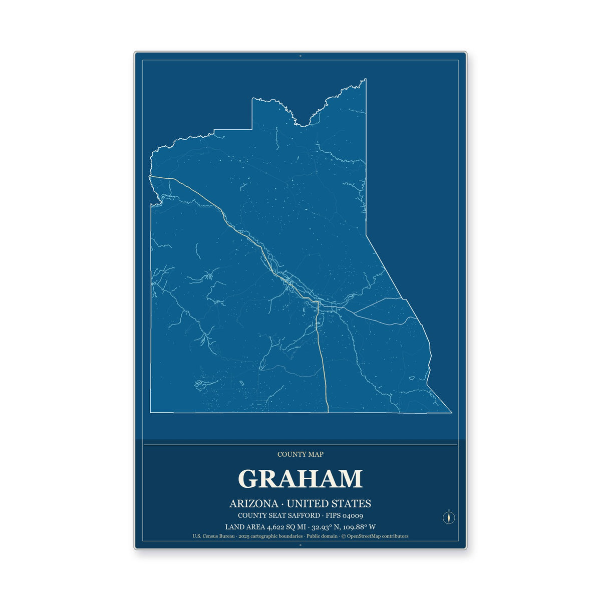 Graham County, Arizona Map Aluminum Sign in Harbor Cobalt style