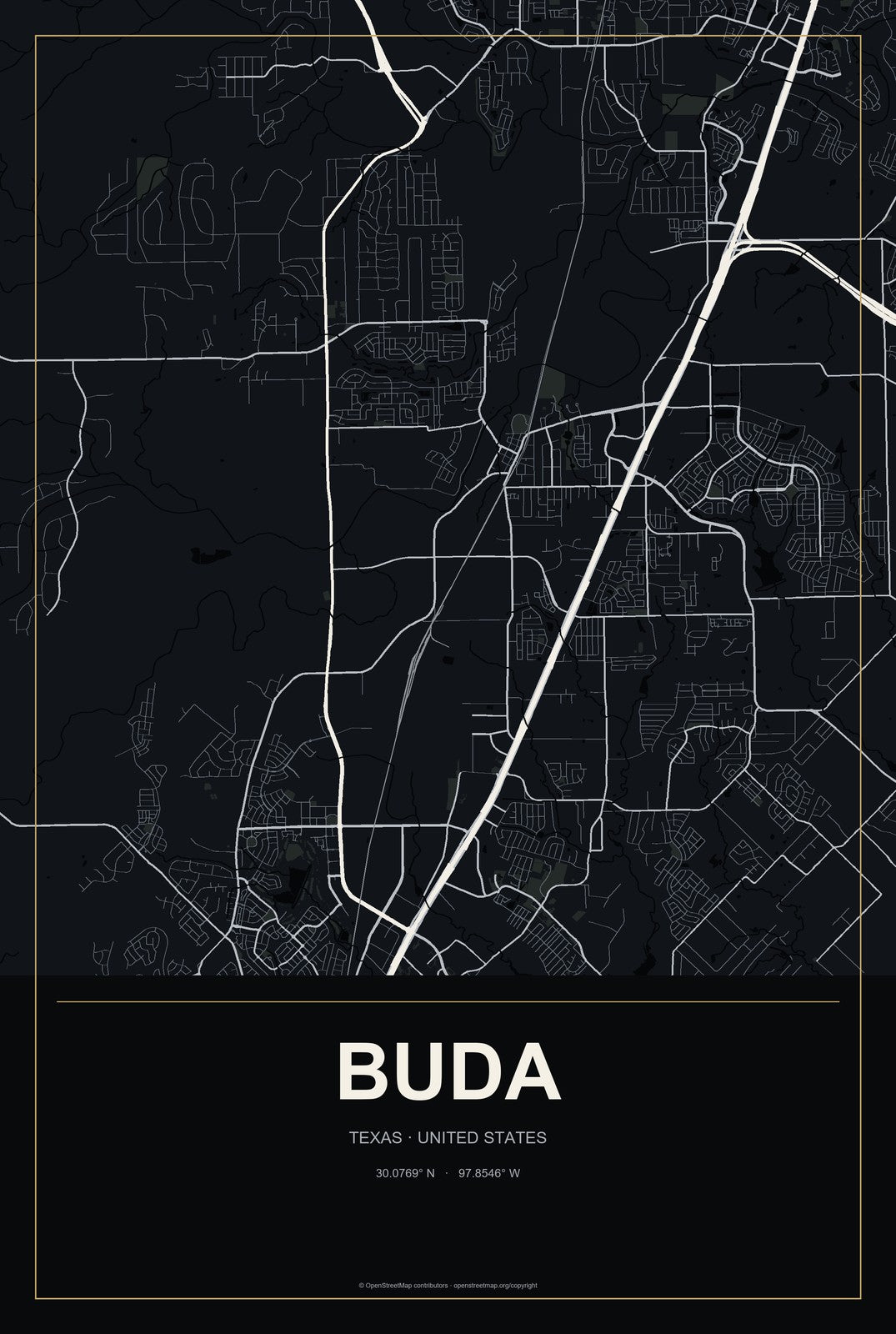 Buda, Texas City Map Aluminum Sign in Metropolitan Noir style