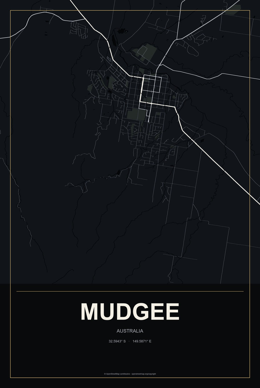 Mudgee, Australia City Map Aluminum Sign in Metropolitan Noir style