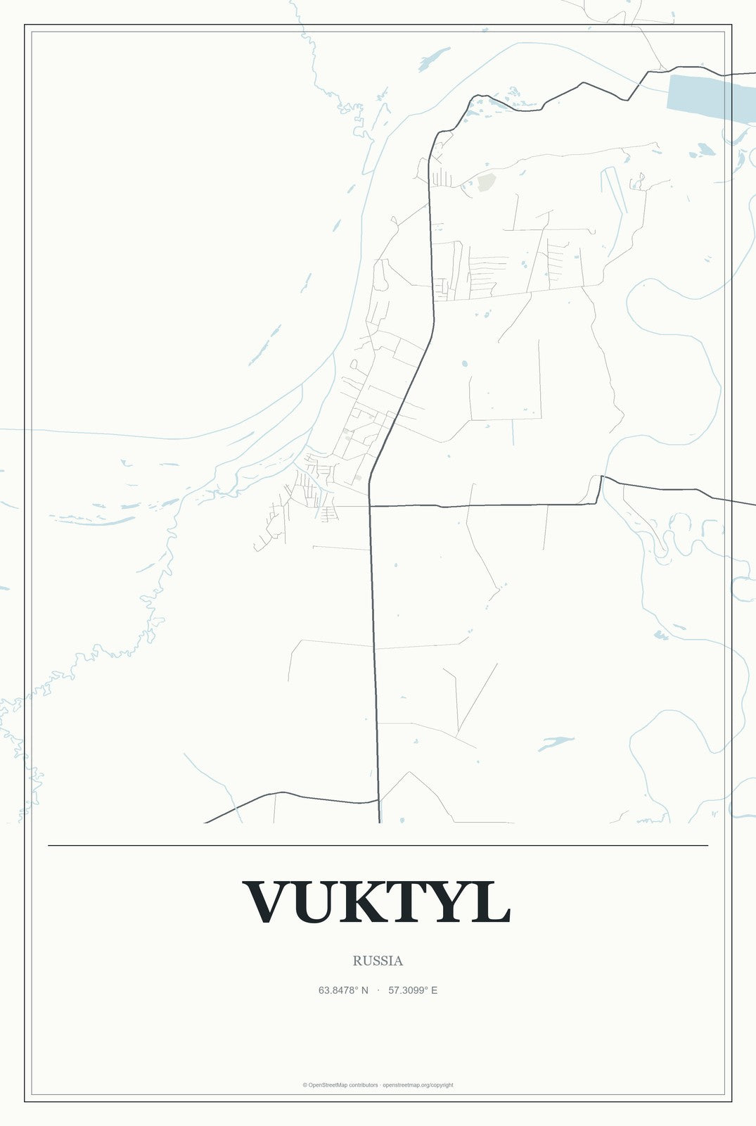 Vuktyl, Russia City Map Aluminum Sign in Gallery Air style