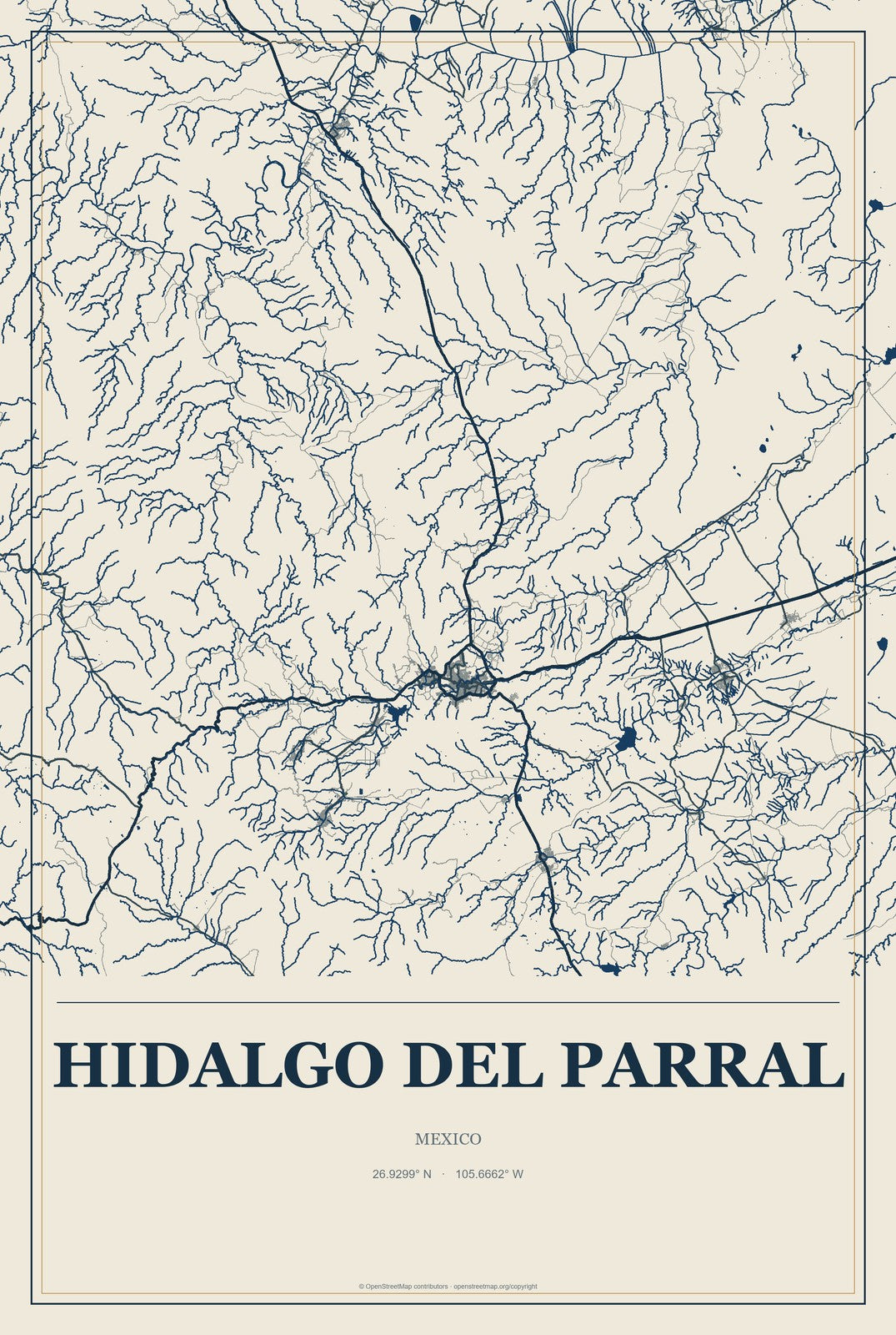 Hidalgo del Parral, Mexico City Map Aluminum Sign in Coastal Cutout style