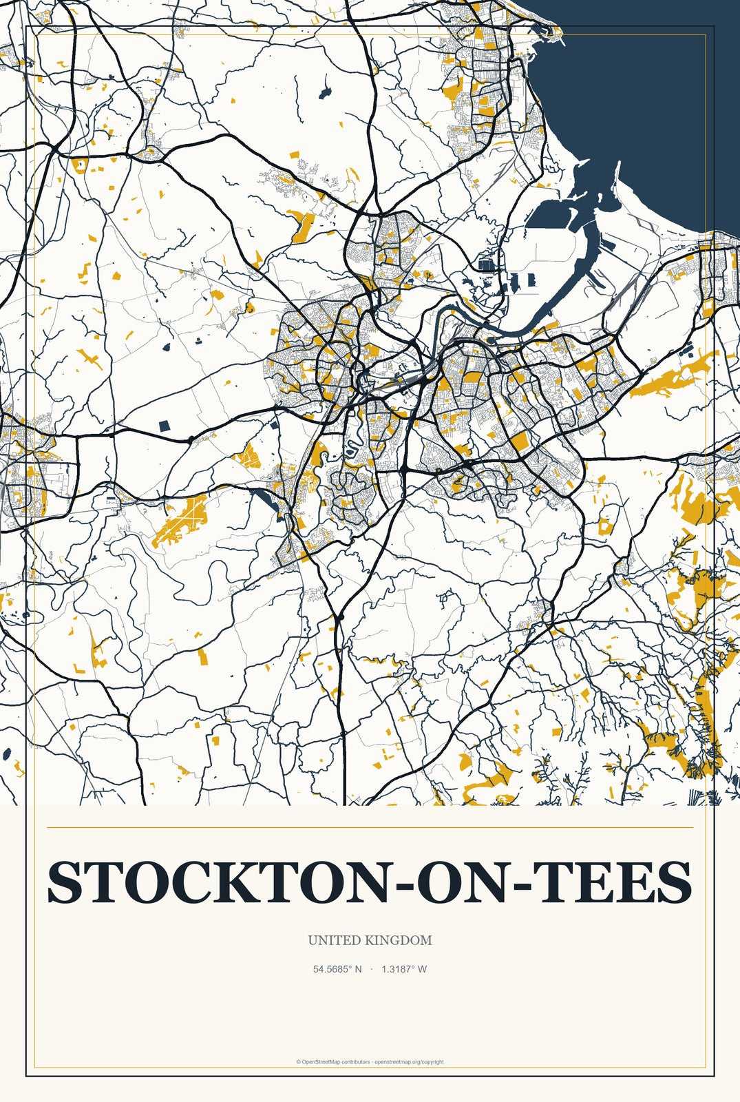 Stockton-on-Tees, United Kingdom City Map Aluminum Sign in Citrine Modern style