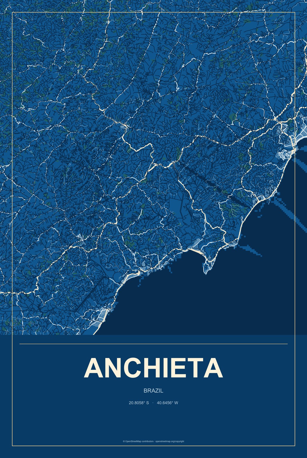 Anchieta, Brazil City Map Aluminum Sign in Harbor Cobalt style