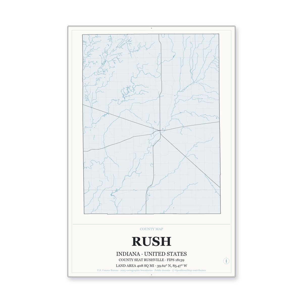 Rush County, Indiana Map Aluminum Sign in Gallery Air style