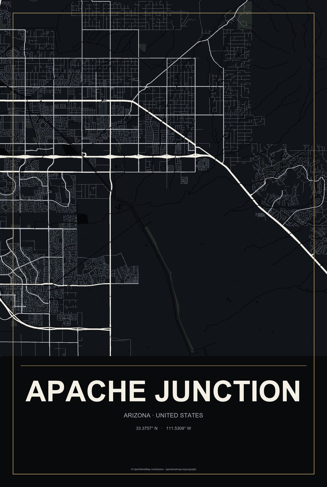 Apache Junction, Arizona City Map Aluminum Sign in Metropolitan Noir style