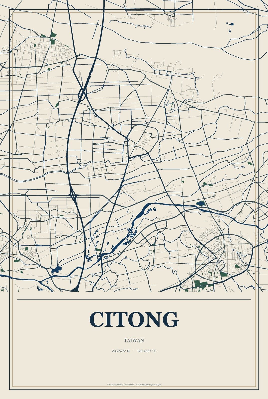 Citong, Taiwan City Map Aluminum Sign in Coastal Cutout style