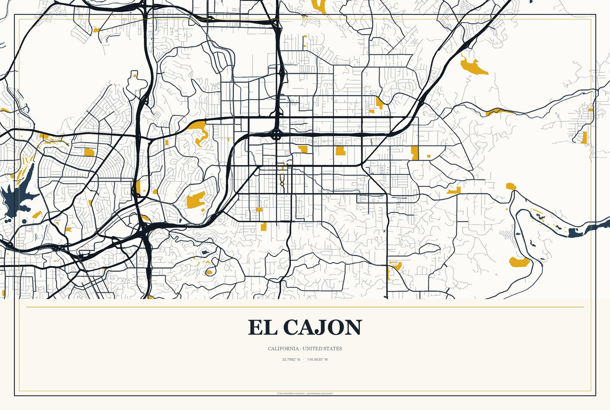 El Cajon, California City Map Aluminum Sign in Citrine Modern style