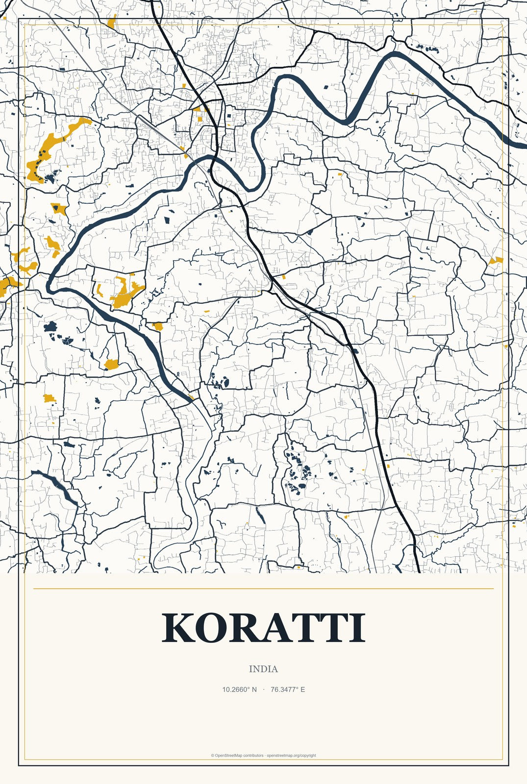 Koratti, India City Map Aluminum Sign in Citrine Modern style