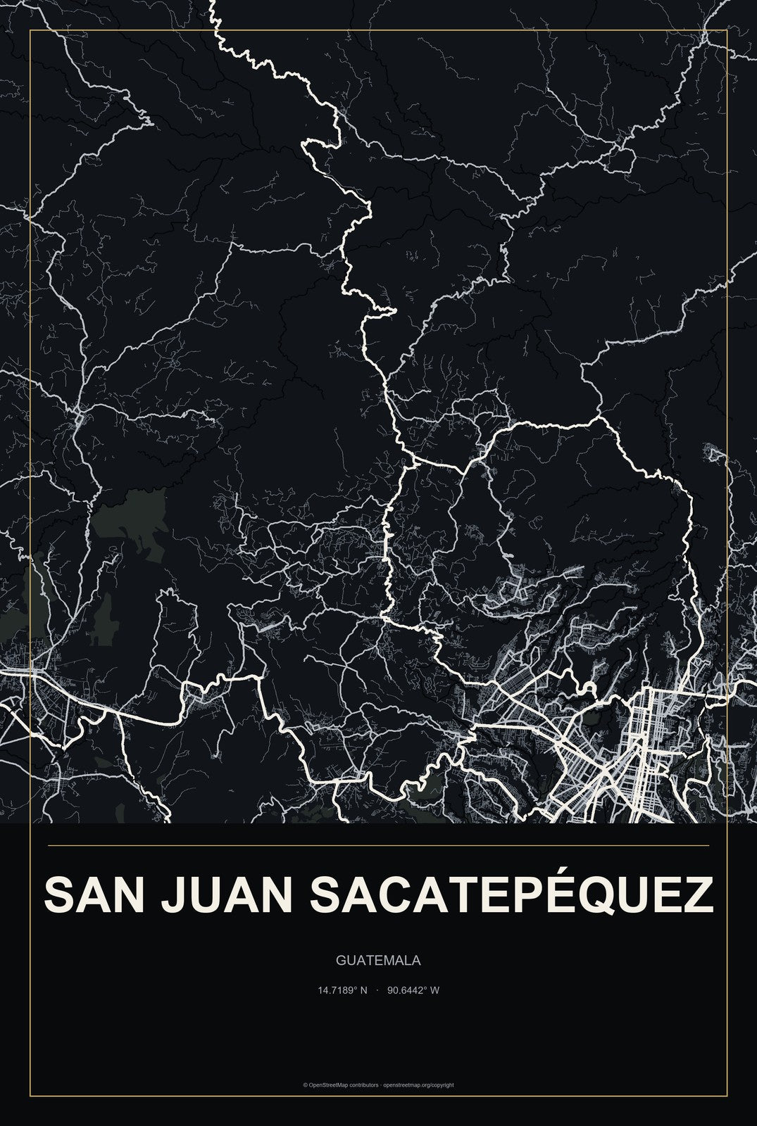 San Juan Sacatepéquez, Guatemala City Map Aluminum Sign in Metropolitan Noir style