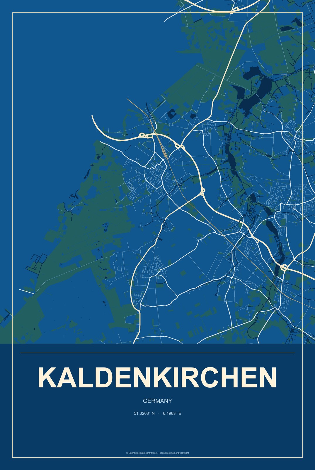 Kaldenkirchen, Germany City Map Aluminum Sign in Harbor Cobalt style