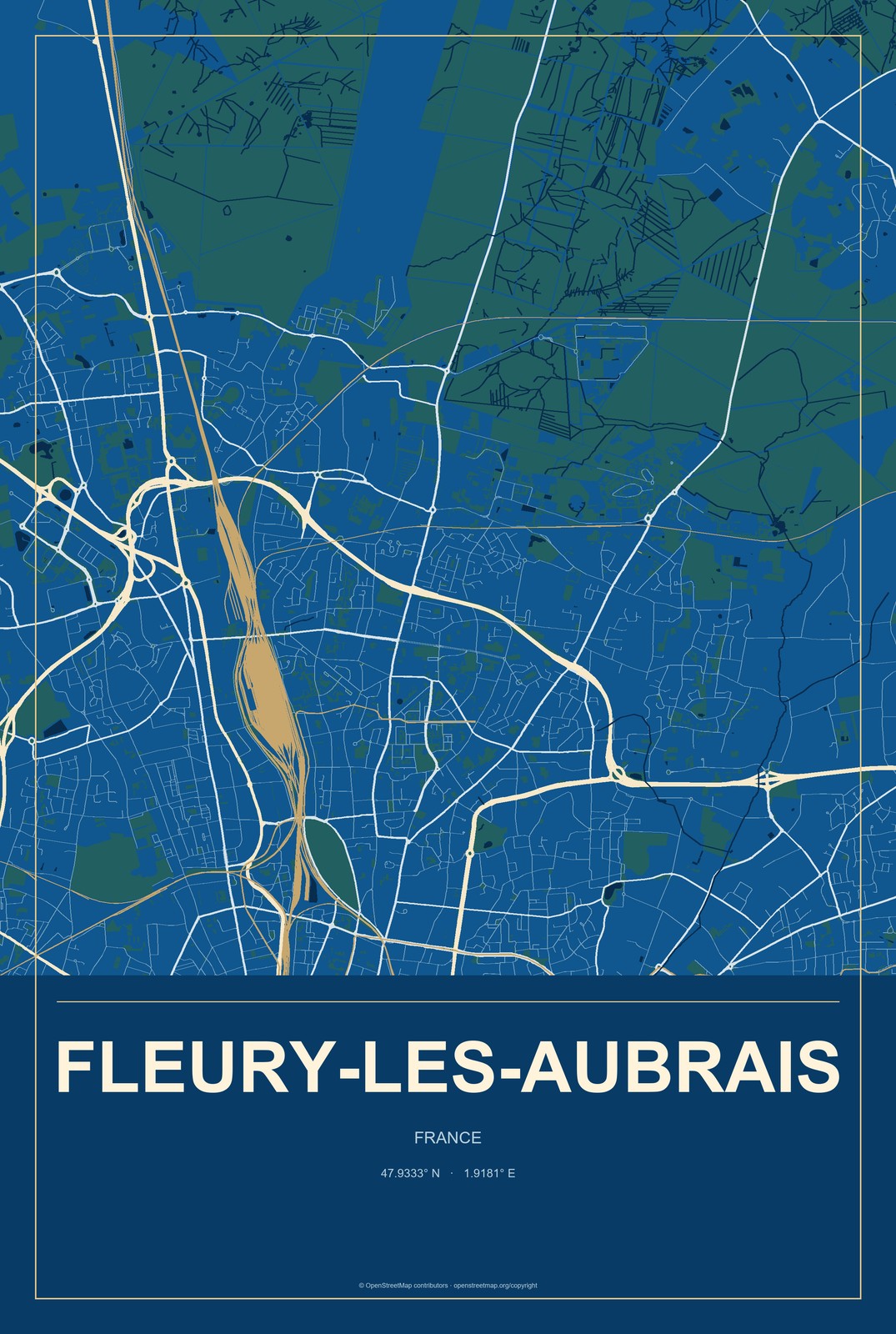 Fleury-les-Aubrais, France City Map Aluminum Sign in Harbor Cobalt style