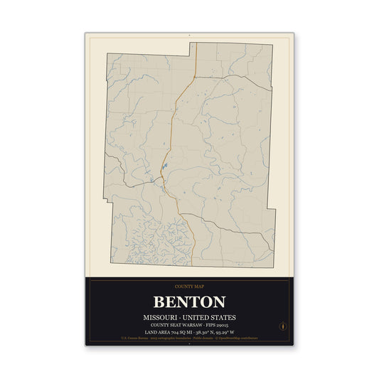 Benton County, Missouri Map Aluminum Sign in Museum Plaque style
