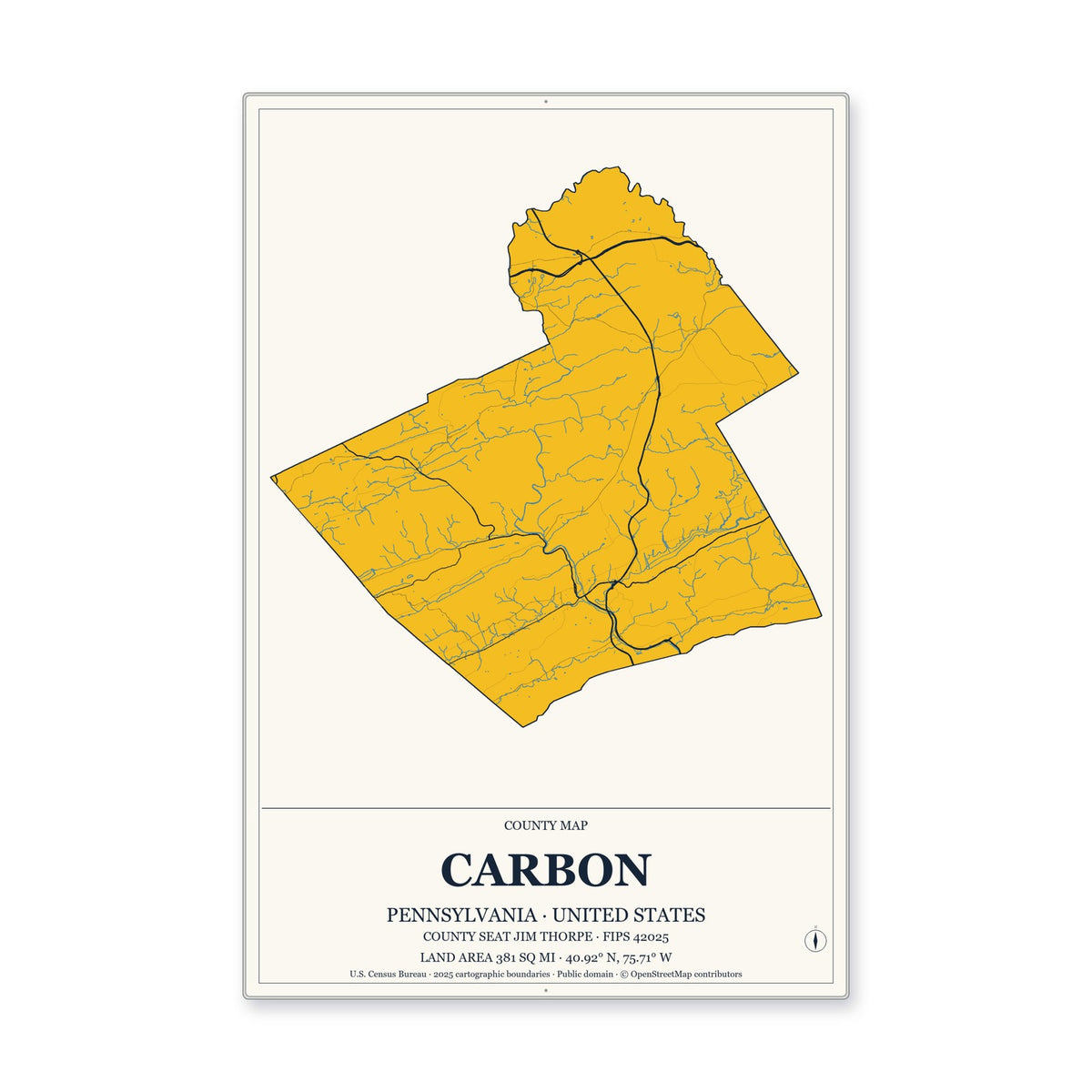 Carbon County, Pennsylvania Map Aluminum Sign in Citrine Modern style