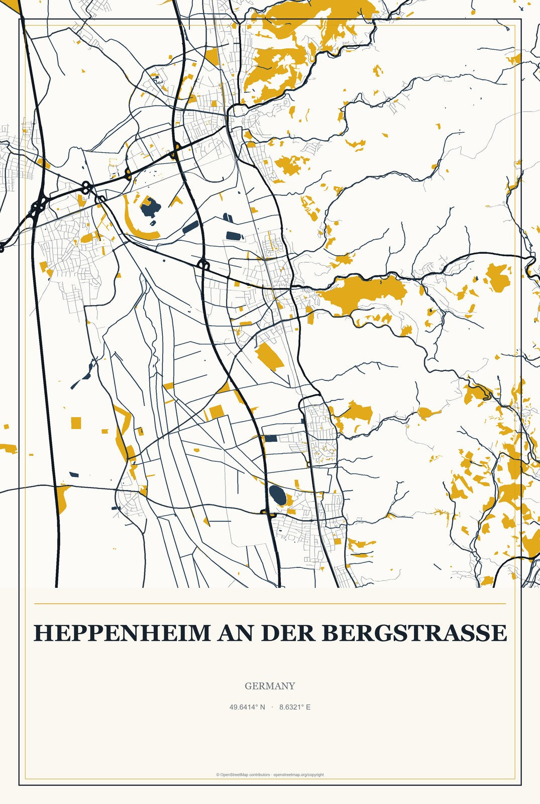 Heppenheim an der Bergstrasse, Germany City Map Aluminum Sign in Citrine Modern style