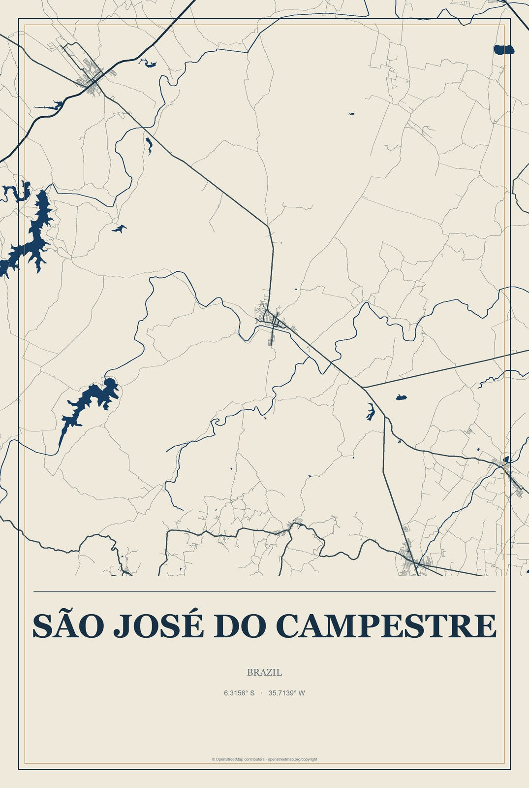 São José do Campestre, Brazil City Map Aluminum Sign in Coastal Cutout style