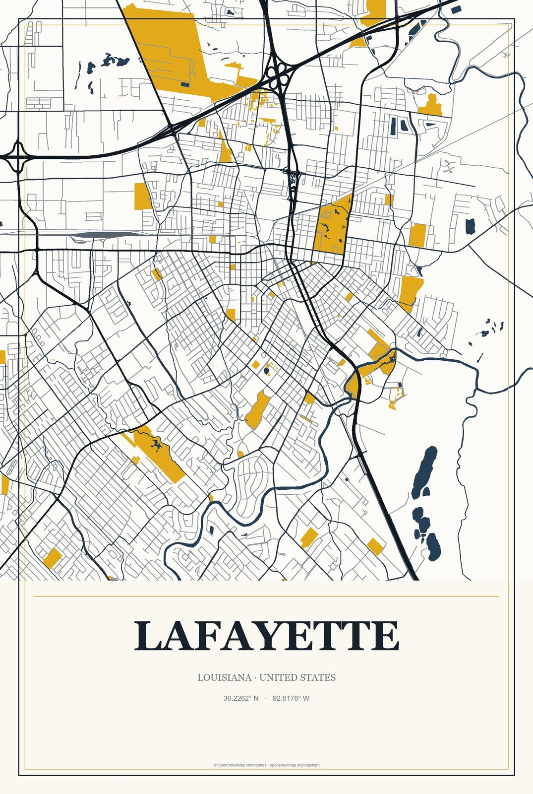 Lafayette, Louisiana City Map Aluminum Sign in Citrine Modern style