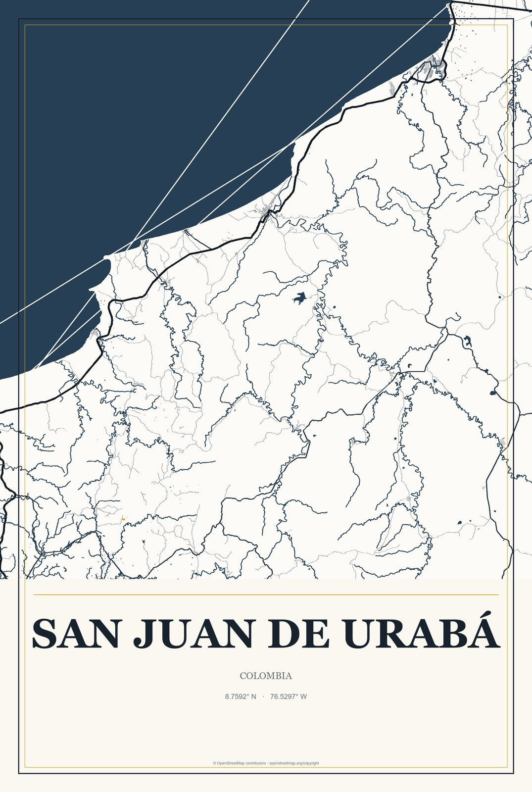 San Juan de Urabá, Colombia City Map Aluminum Sign in Citrine Modern style