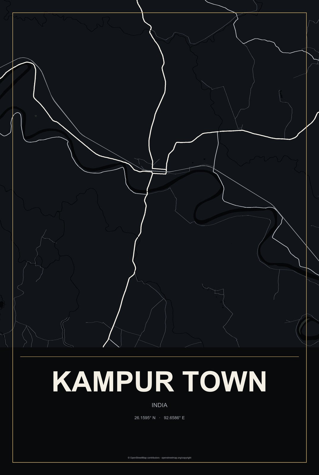Kampur Town, India City Map Aluminum Sign in Metropolitan Noir style
