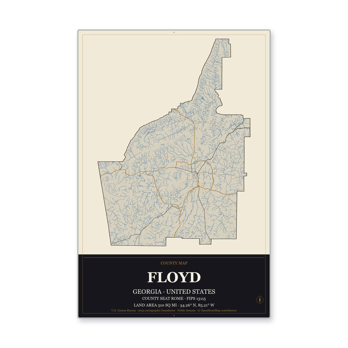 Floyd County, Georgia Map Aluminum Sign in Museum Plaque style